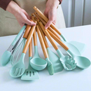 Kit de utensílios de cozinha em silicone e bambu com 12 peças