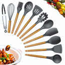 Kit de utensílios de cozinha em silicone e bambu com 12 peças